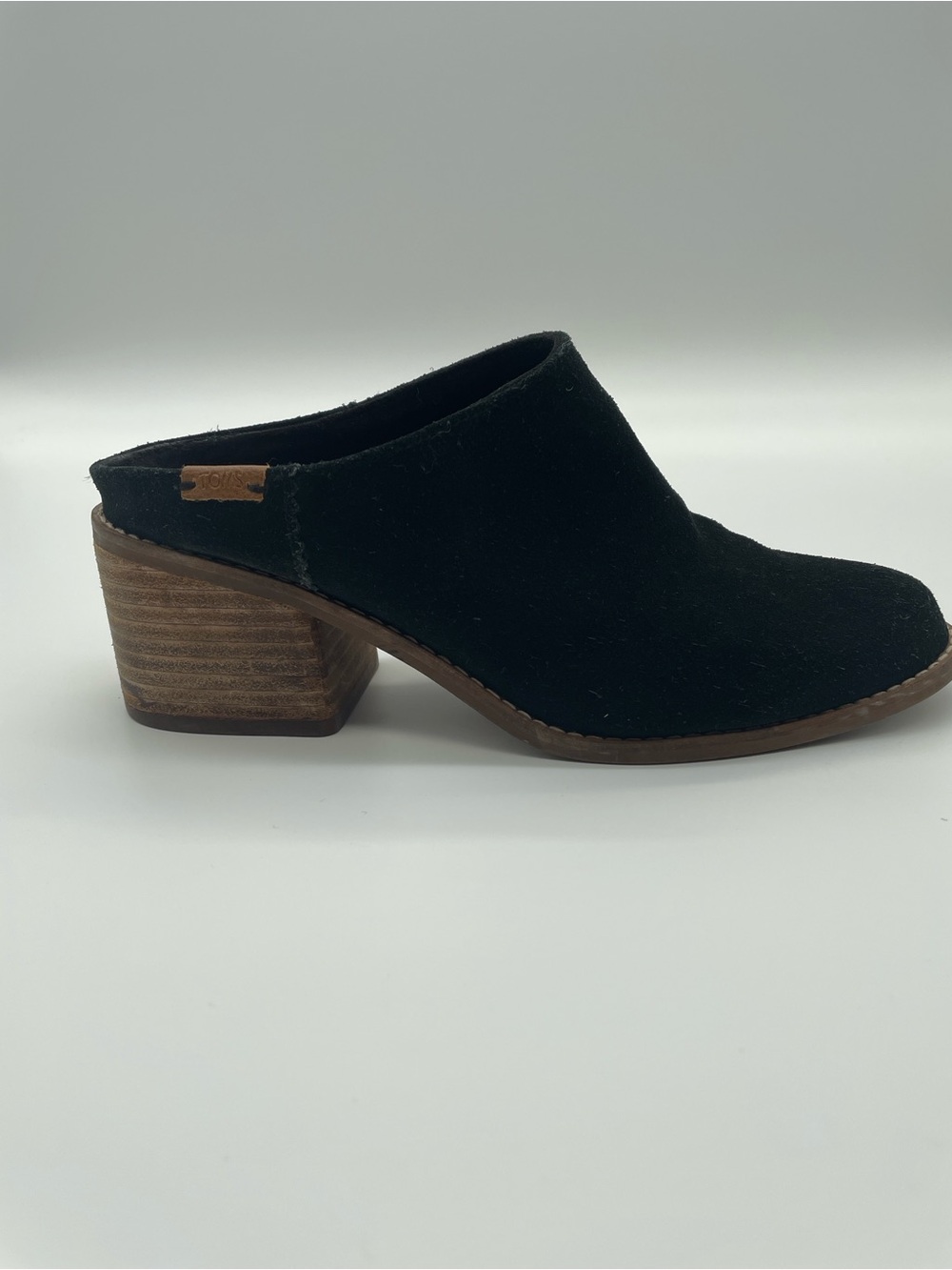 TOMS Leila Black Suede Block Heel Mules | Size 7.5
